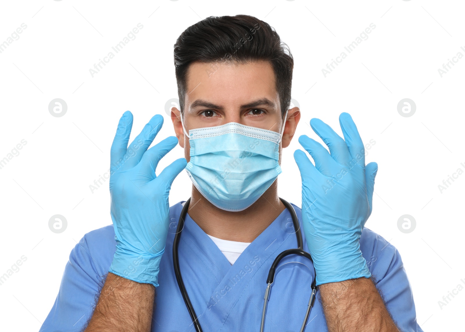 Photo of Doctor in protective mask and medical gloves against white background