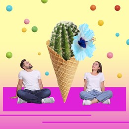 Image of Bright artwork. Cactus with flower in ice cream cone between couple. Yellow pink gradient background with falling sprinkles