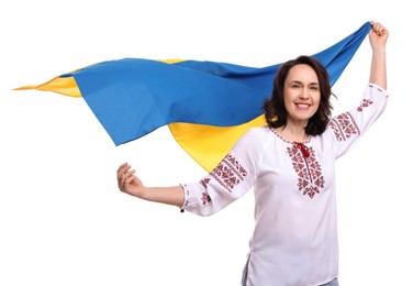 Photo of Happy woman with flag of Ukraine on white background