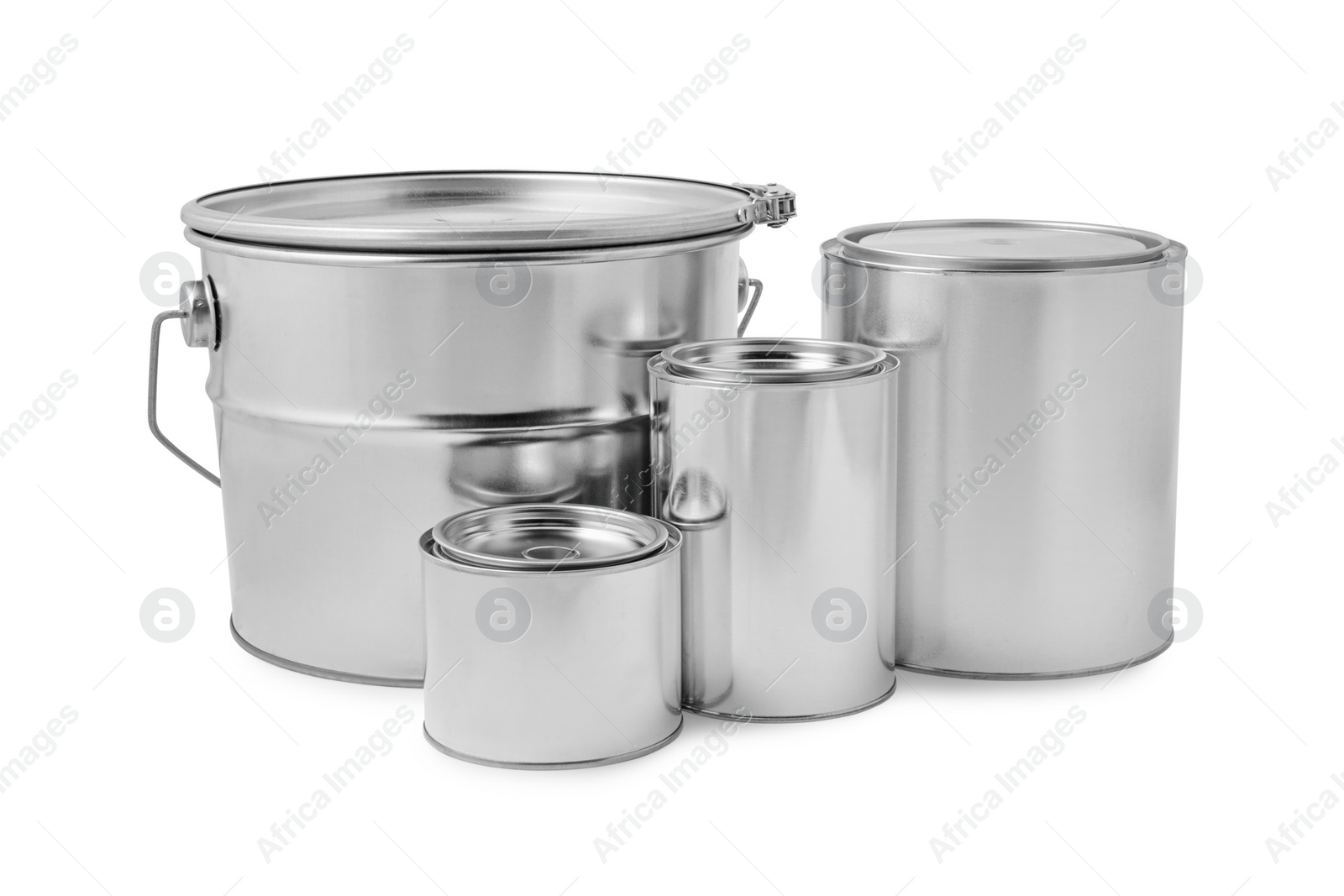 Photo of New metal paint cans and bucket on white background