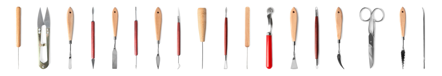 Image of Set with different leather working tools on white background, top view. Banner design