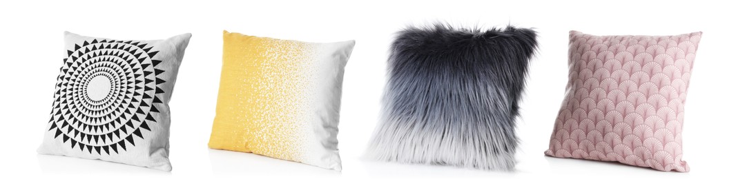 Set with different stylish decorative pillows on white background. Banner design