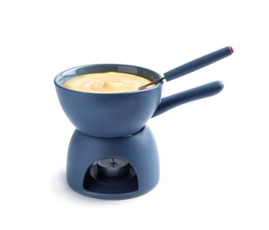 Photo of Pot with delicious cheese fondue and fork on white background