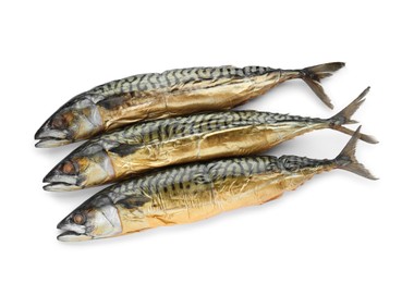 Delicious smoked mackerels isolated on white, top view