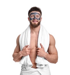 Photo of Handsome man with clay mask on his face against white background