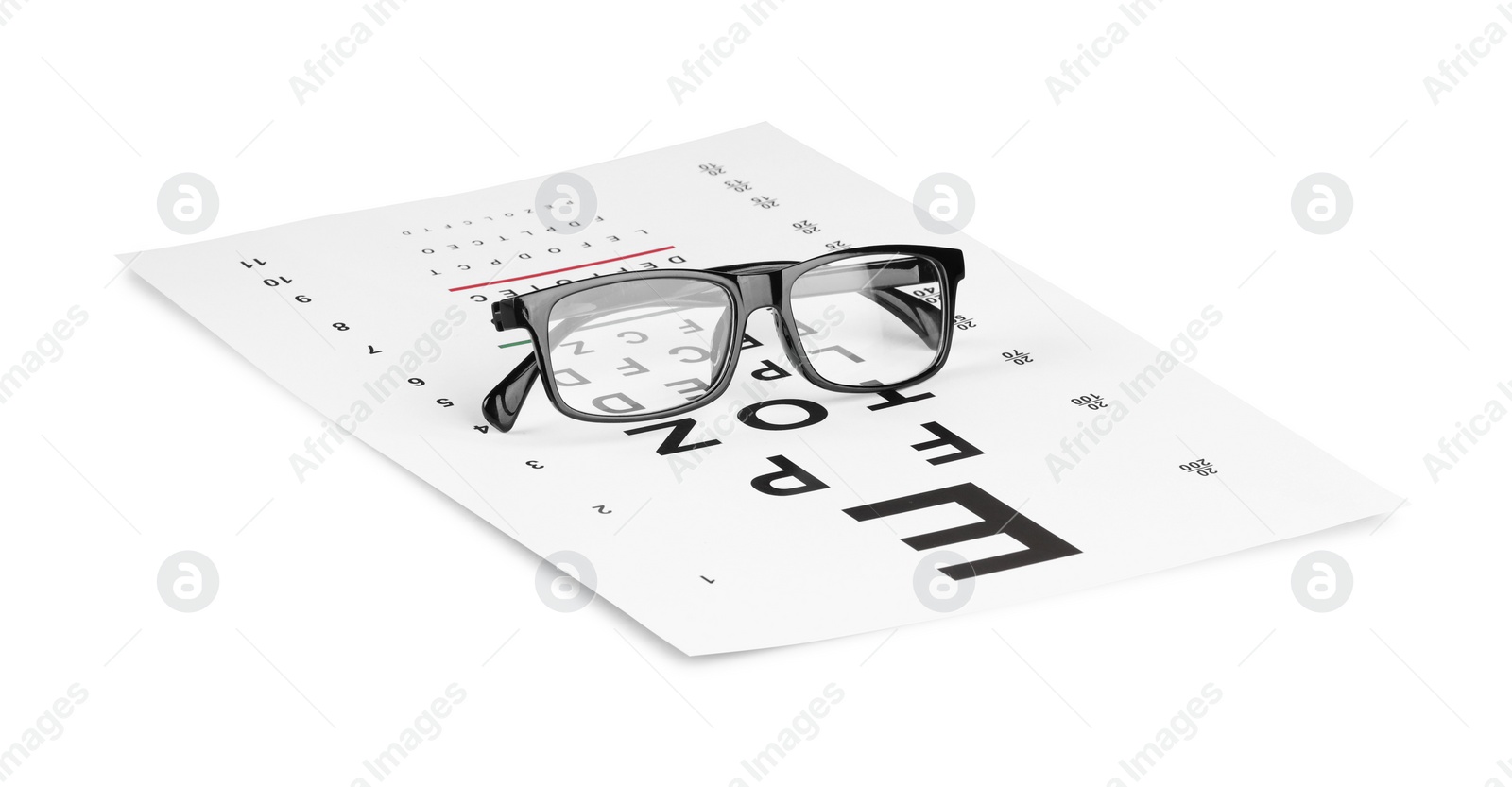 Photo of Glasses and vision test chart isolated on white