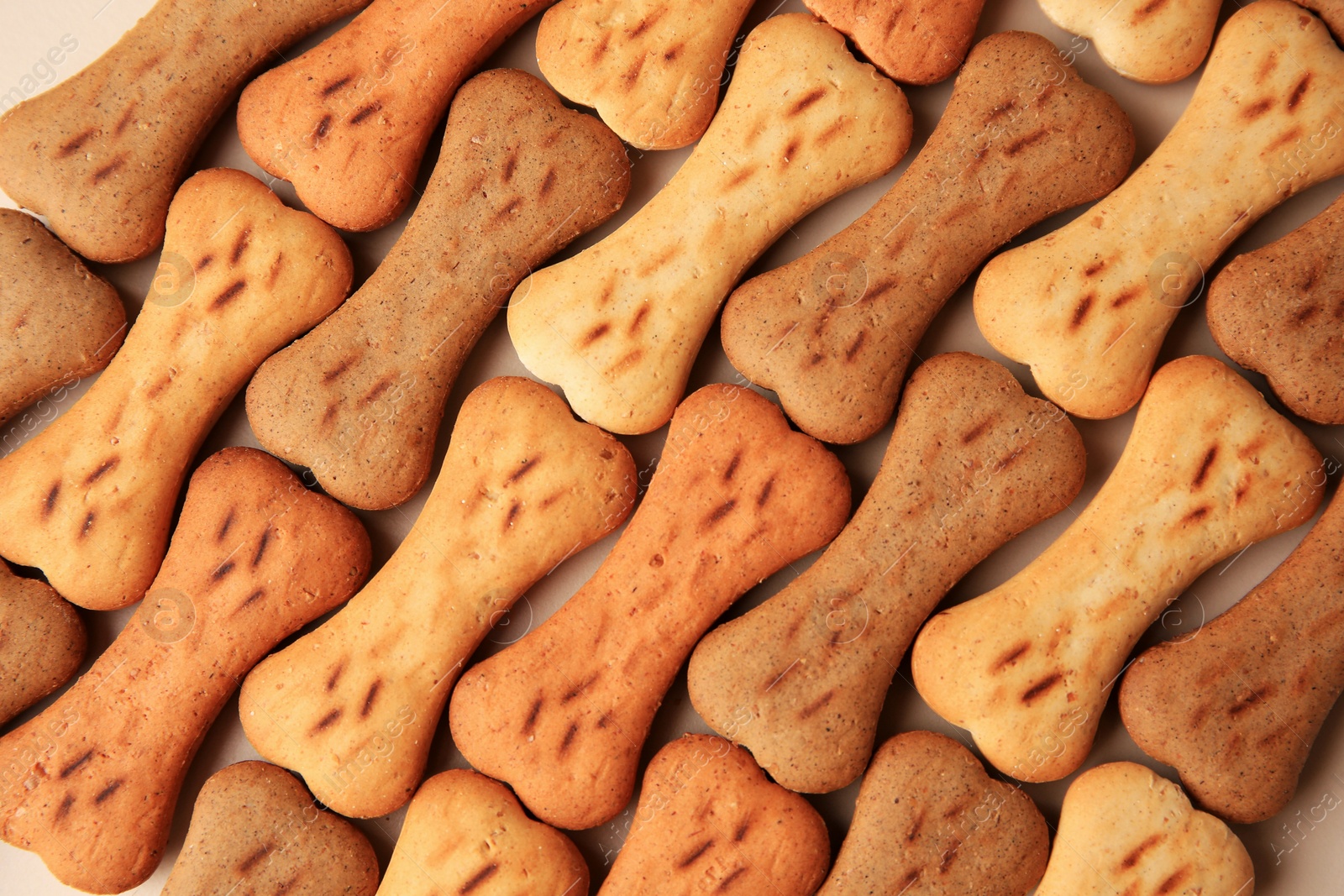 Photo of Bone shaped dog cookies as background, top view