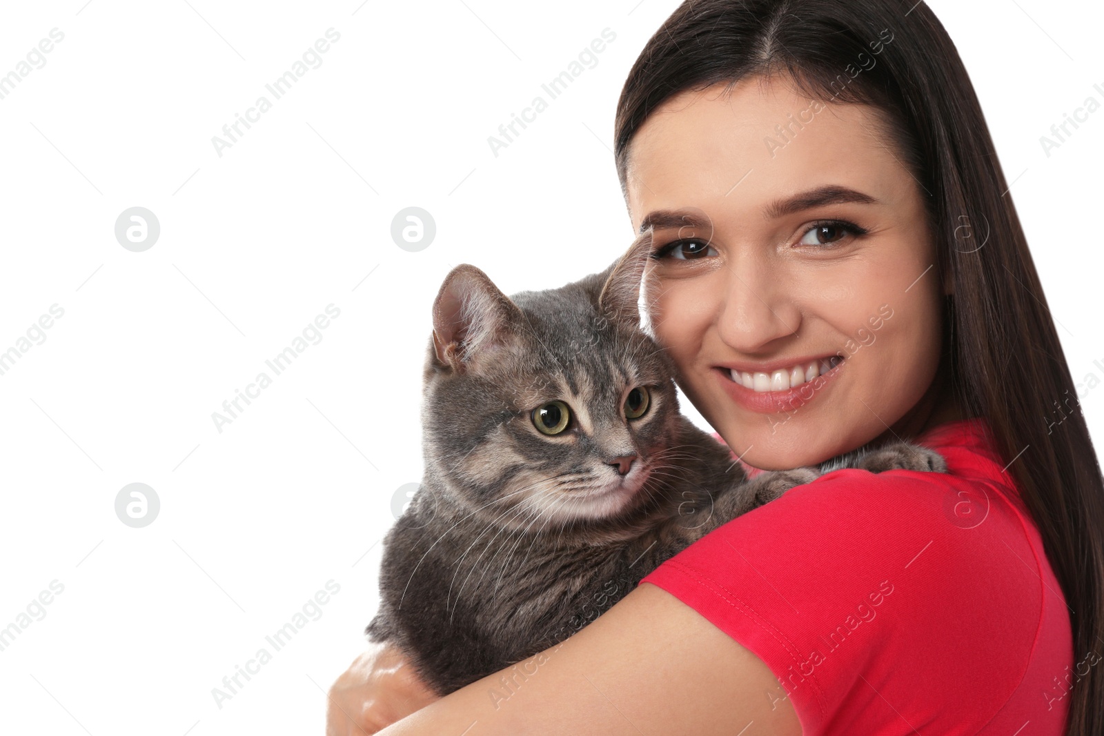 Photo of Young woman with cute cat on white background. Pet and owner