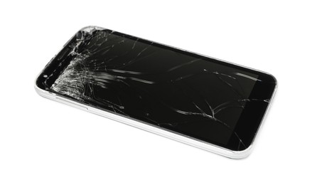 Photo of Smartphone with cracked screen isolated on white. Device repair