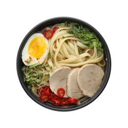 Photo of Delicious ramen with meat and egg in bowl isolated on white, top view. Noodle soup