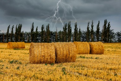 Image of Hay bales in field under stormy sky with lightnings
