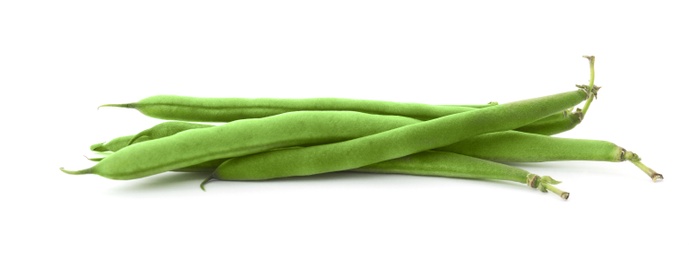 Photo of Delicious fresh green beans on white background