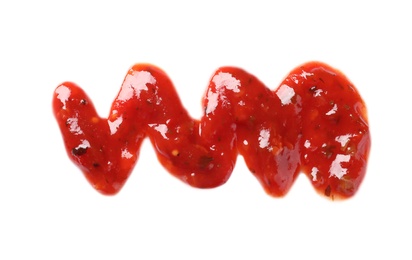 Delicious tomato sauce on white background, top view