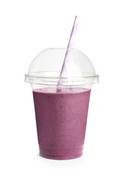 Photo of Plastic cup of tasty blackberry smoothie on white background