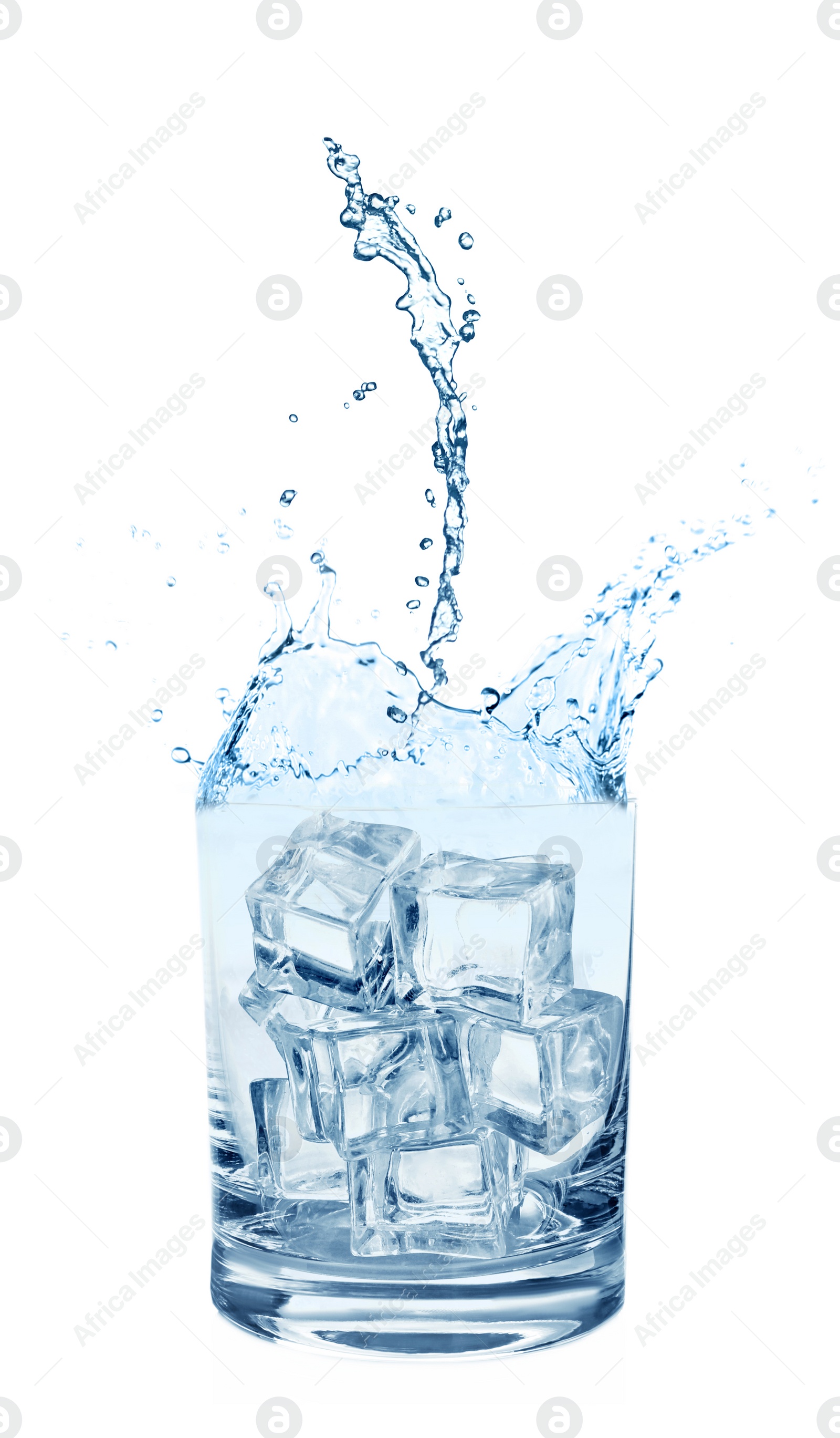Image of Water splashing out of glass with ice cubes on white background. Refreshing drink