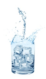 Image of Water splashing out of glass with ice cubes on white background. Refreshing drink