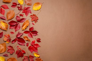 Beautiful autumn leaves on brown background, flat lay. Space for text