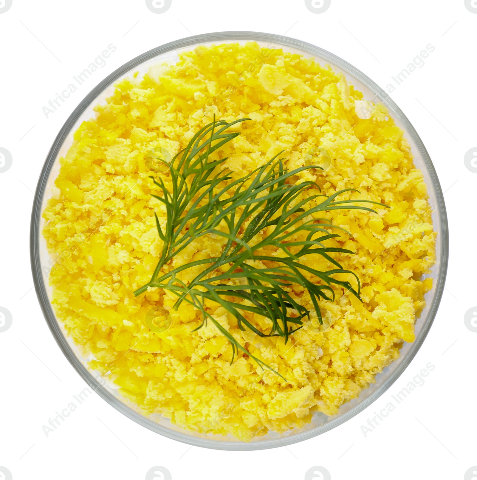 Photo of Traditional russian salad Mimosa on white background, top view