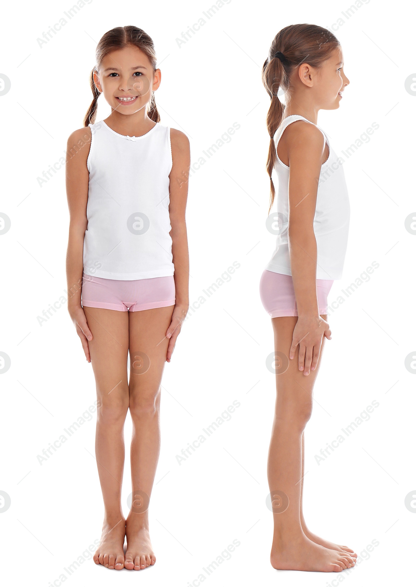 Image of Collage of cute little girl in underwear on white background