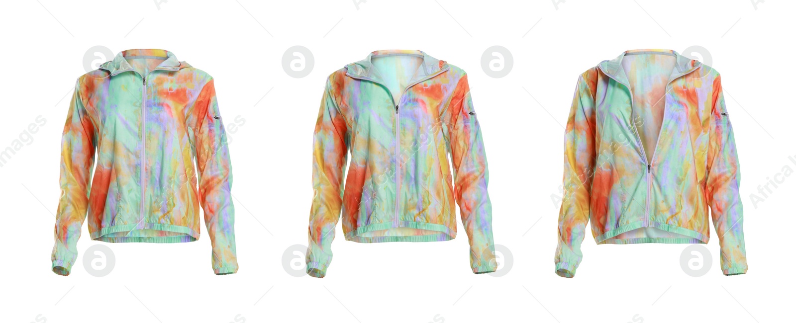 Image of Comfortable sportswear. Collage with bright sports windbreaker on white background