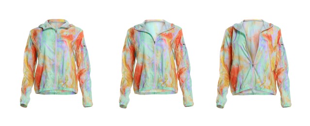 Comfortable sportswear. Collage with bright sports windbreaker on white background