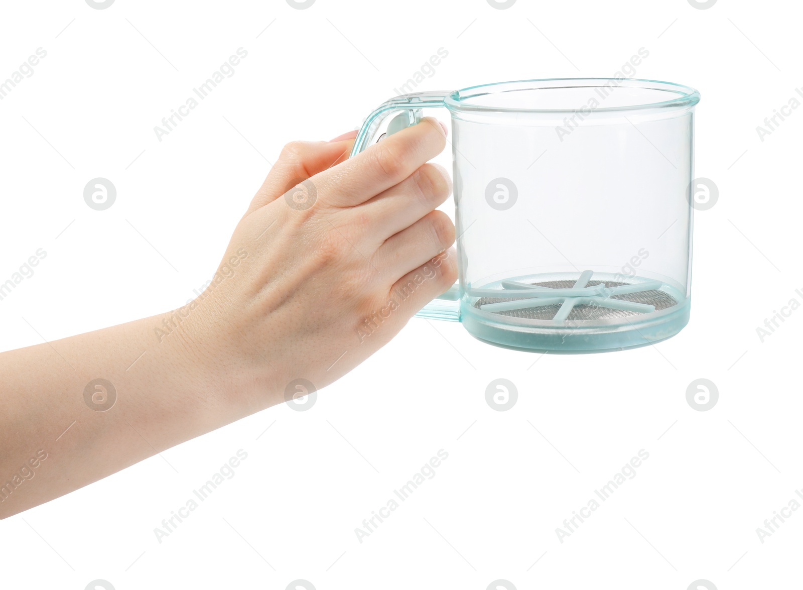 Photo of Woman with flour sifter on white background, closeup