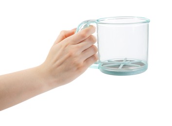 Woman with flour sifter on white background, closeup