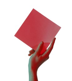 Man holding sheet of paper on white background, closeup and space for text. Color tone effect