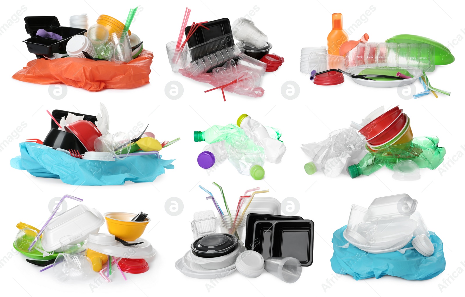 Image of Set with different plastic items on white background 