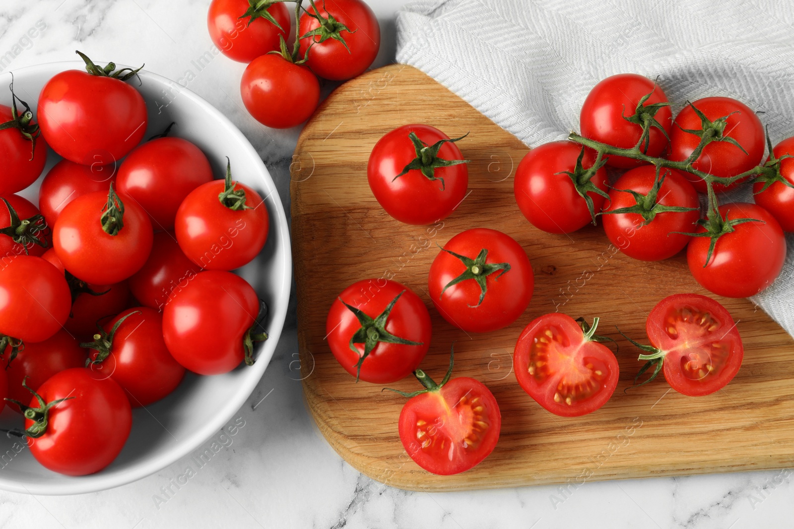 Photo of Flat lay composition with fresh cherry tomatoes on marble background