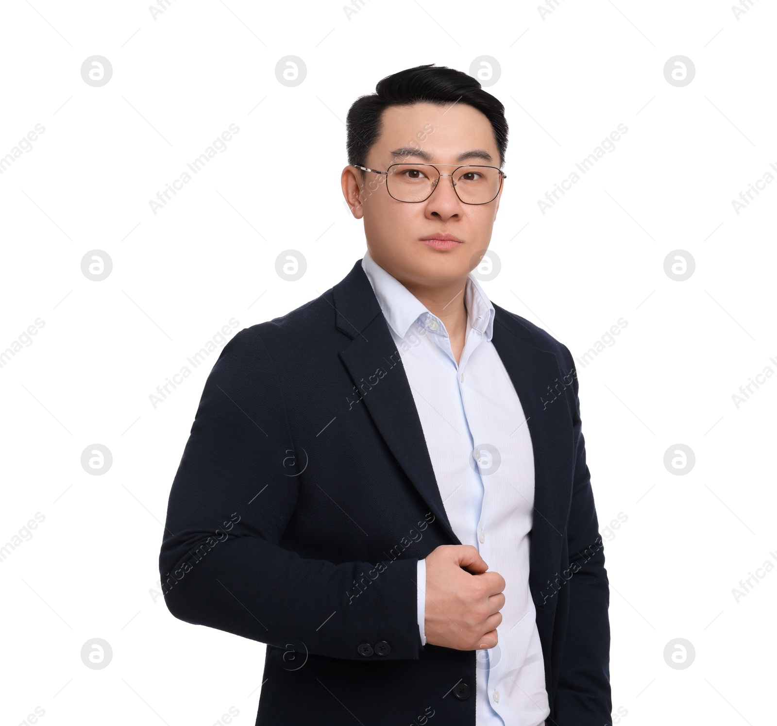 Photo of Businessman in suit posing on white background