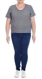 Photo of Overweight woman on white background, closeup. Weight loss