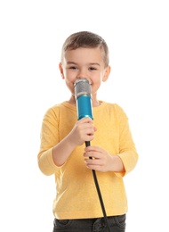 Photo of Cute funny boy with microphone on white background