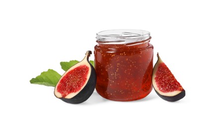 Photo of Glass jar with tasty sweet jam, green leaf and fresh figs isolated on white