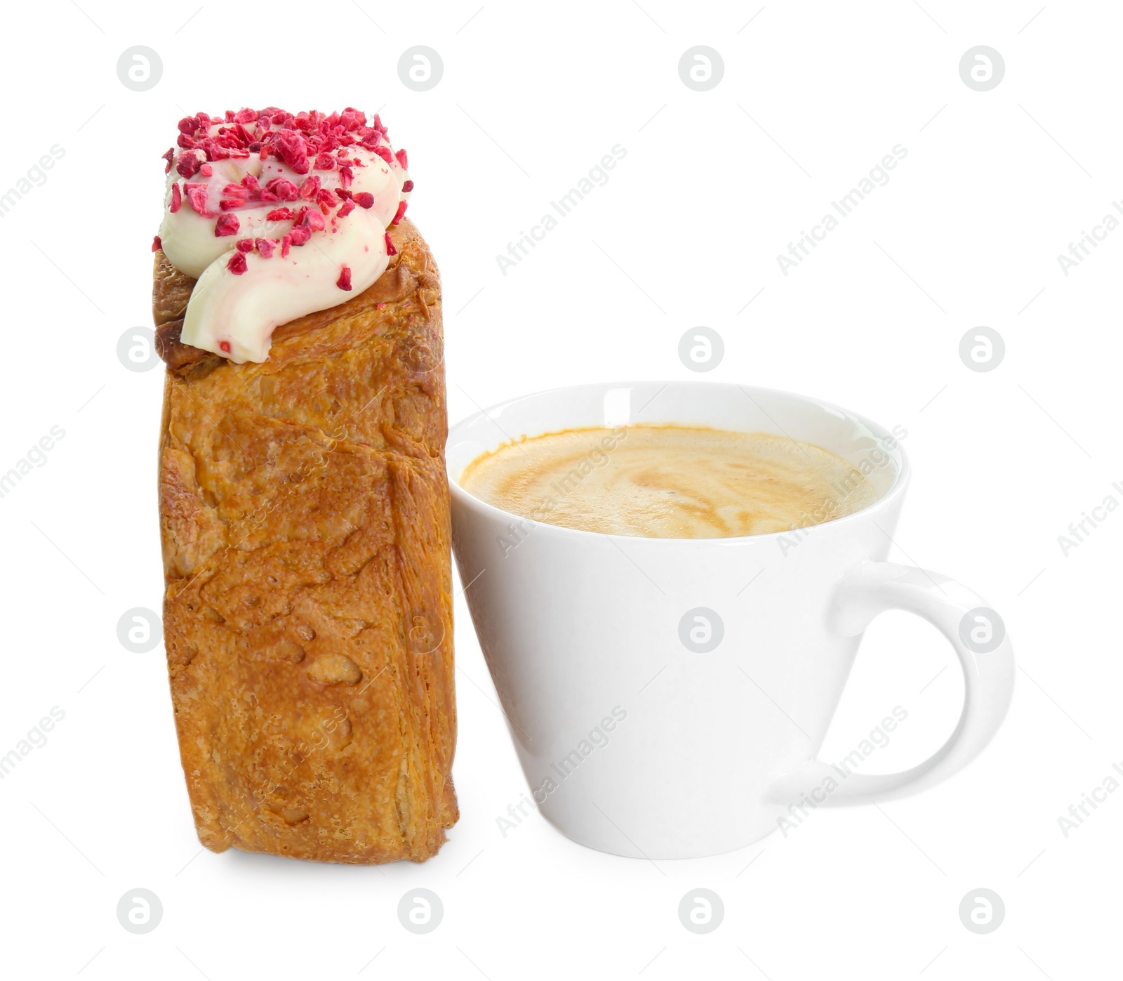 Photo of Round croissant with cream and cup of coffee isolated on white. Tasty puff pastry