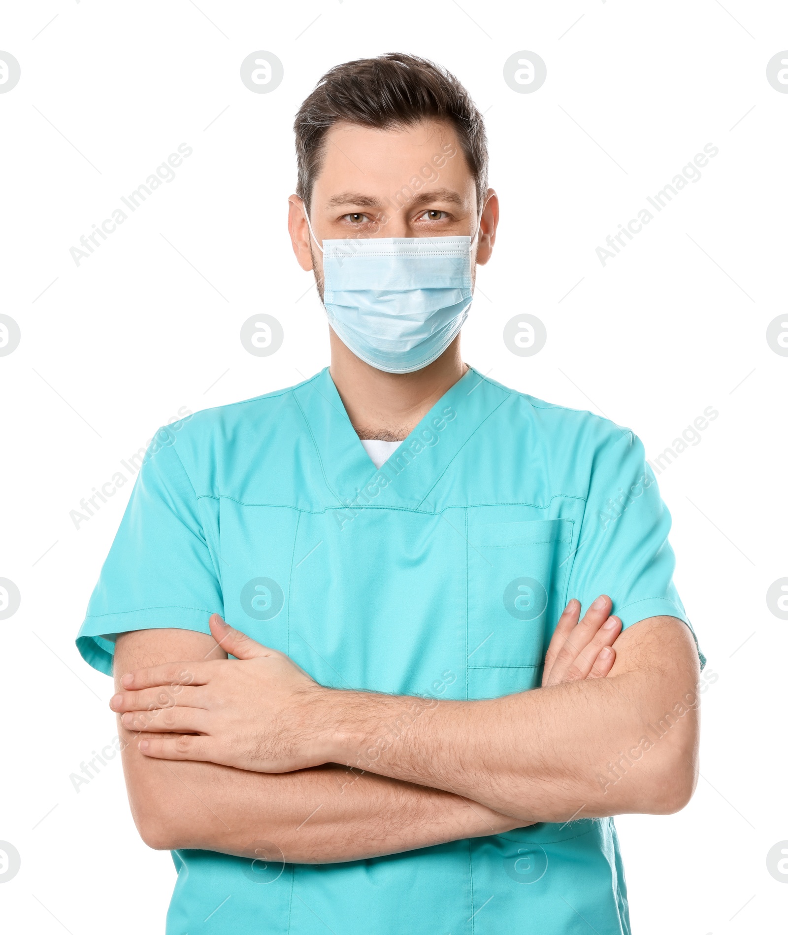 Photo of Doctor or medical assistant (male nurse) in uniform with protective mask on white background