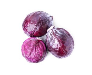 Photo of Whole fresh red cabbages isolated on white, top view
