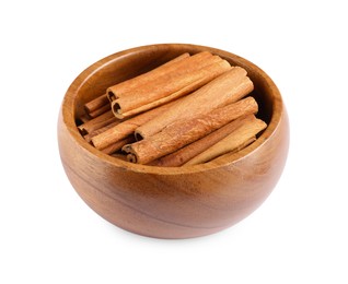 Photo of Cinnamon sticks in bowl isolated on white