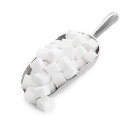 Photo of Sugar cubes in metal scoop isolated on white