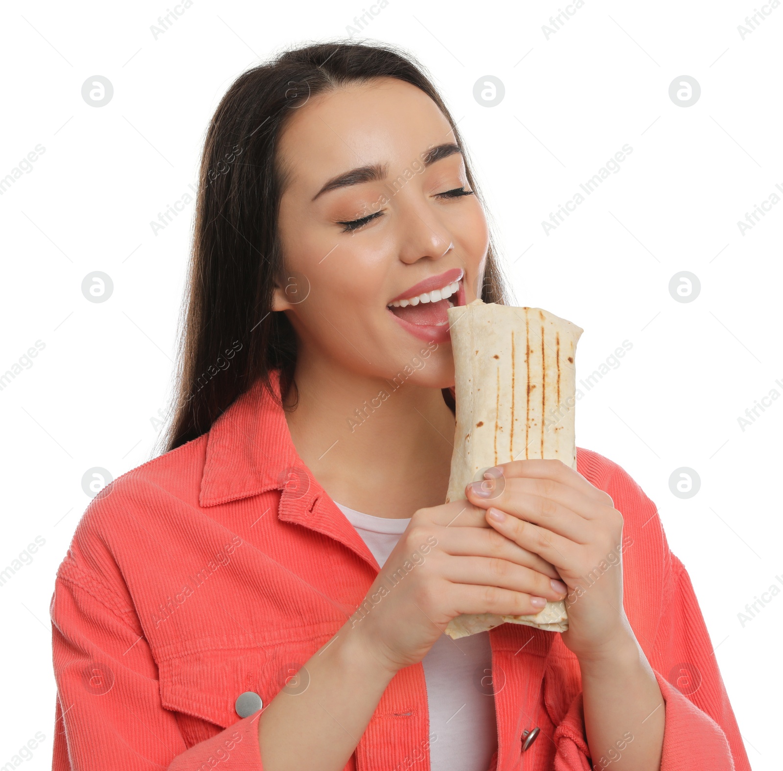 Photo of Young woman eating tasty shawarma isolated on white