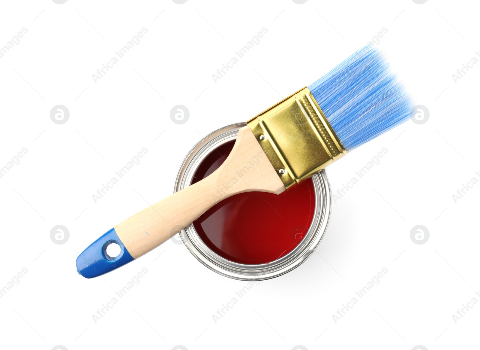 Photo of Paint can with brush on white background, top view