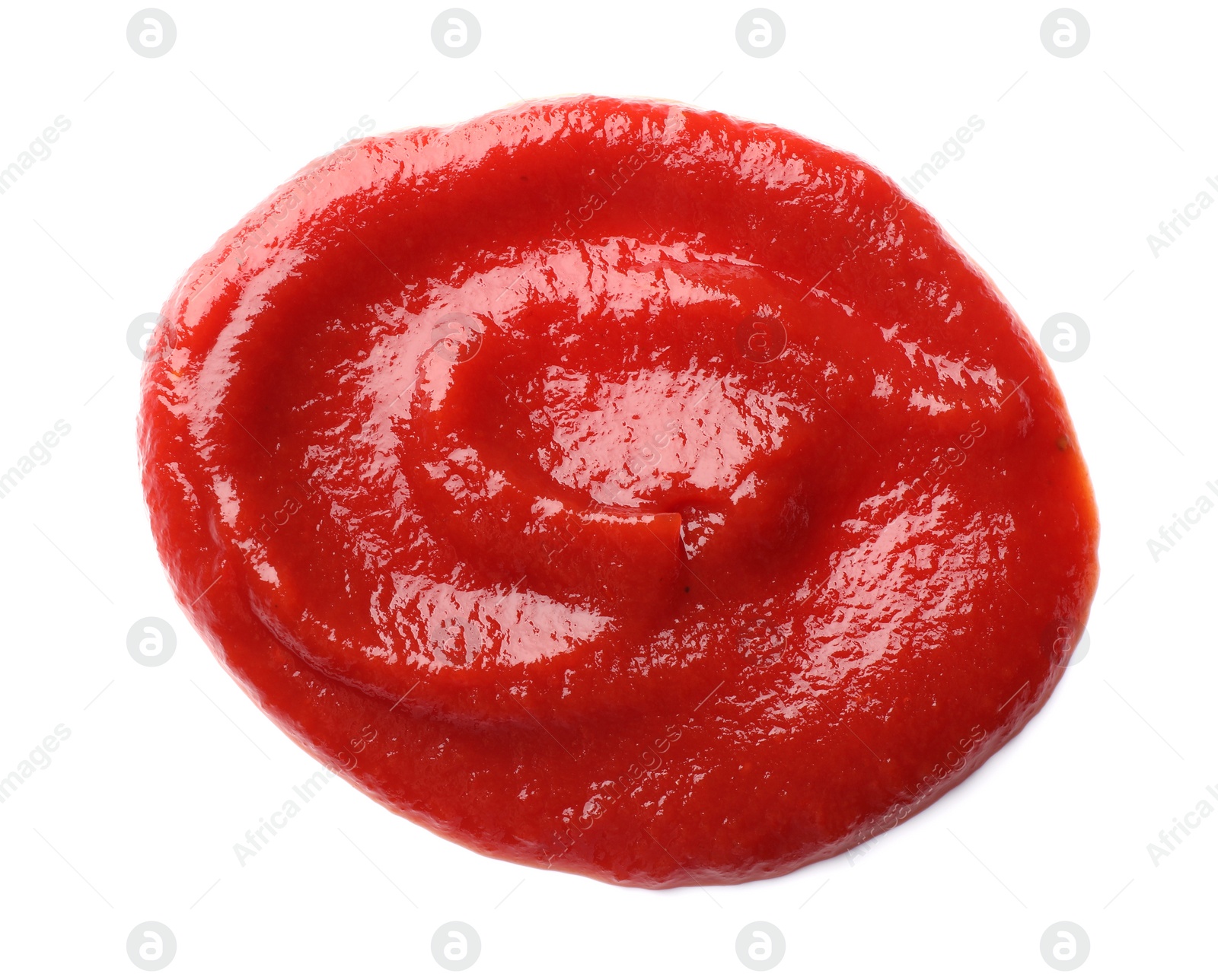 Photo of Tasty ketchup isolated on white, top view