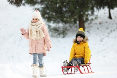 Little girl pulling sledge with her brother through snow in winter park