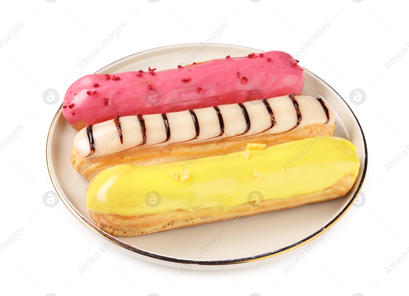 Photo of Delicious eclairs covered with glaze isolated on white