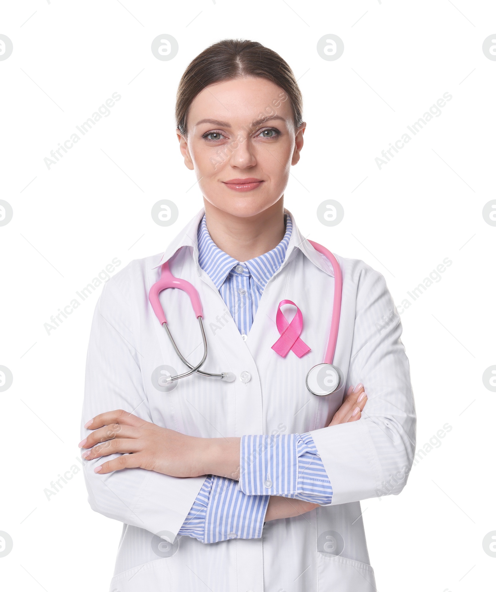 Photo of Mammologist with pink ribbon on white background. Breast cancer awareness