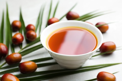 Palm oil in bowl, tropical leaf and fruits on light table, closeup