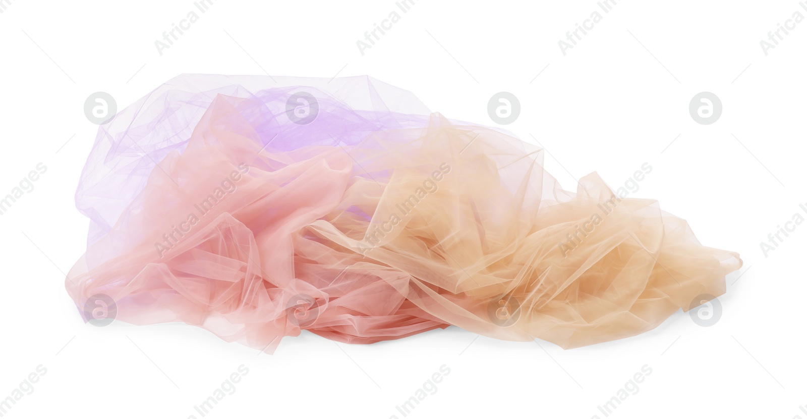 Photo of Beautiful colorful tulle fabrics on white background