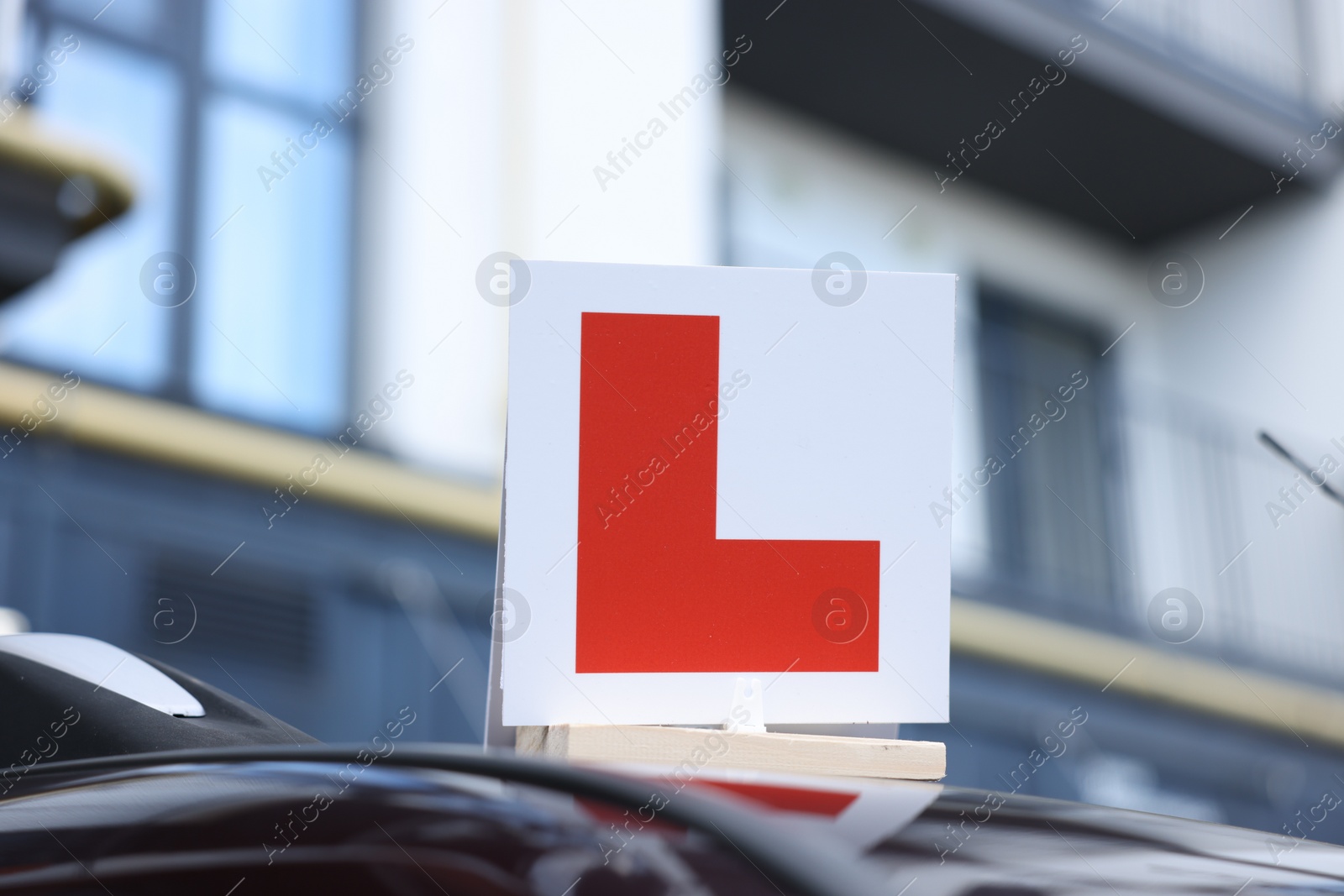 Photo of L-plate on car roof outdoors. Driving school