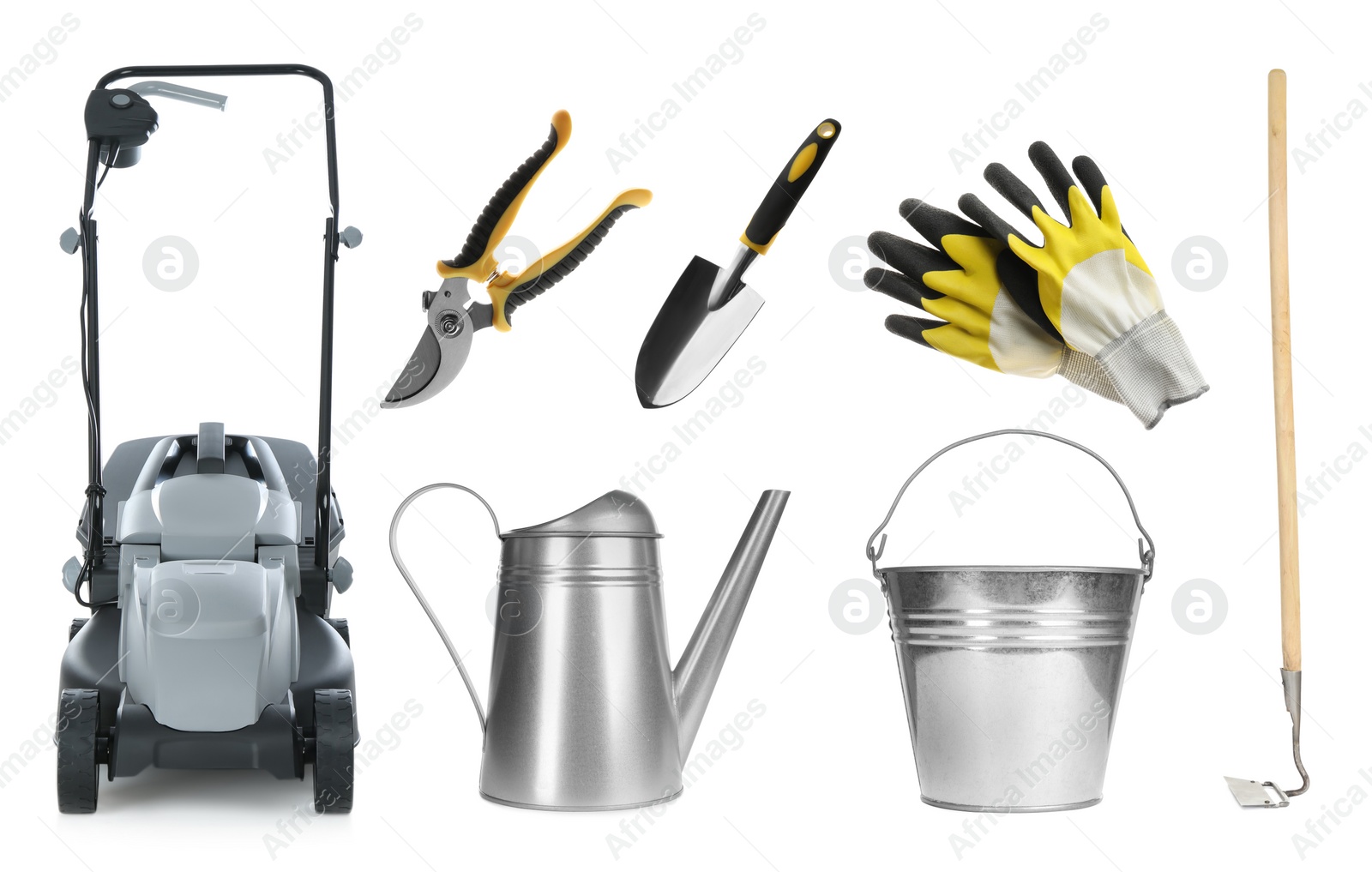 Image of Set with different gardening tools on white background