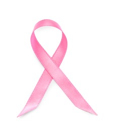 Photo of Pink ribbon isolated on white, top view